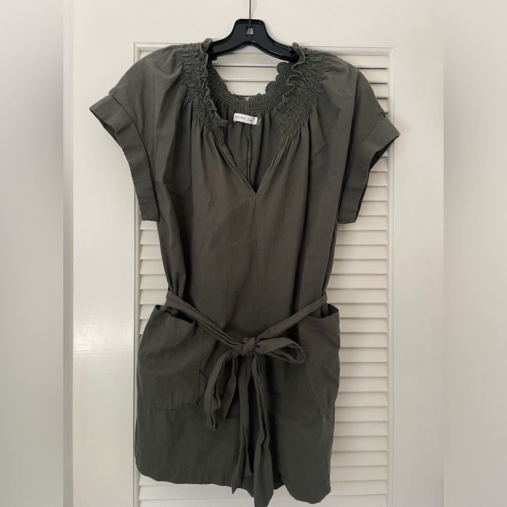 Mustard Seed Green V-Neck Tie-Front Romper w/ Pockets